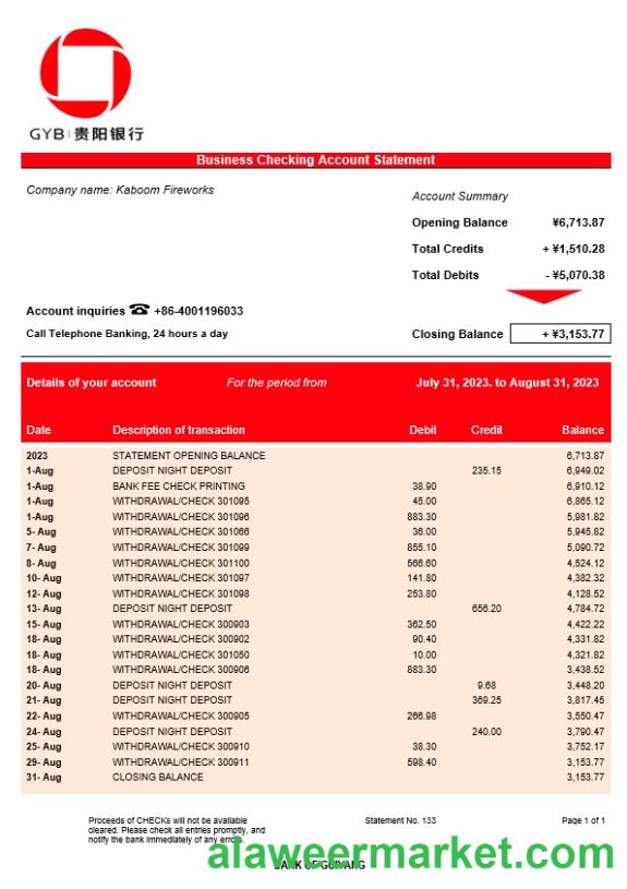 Bank of Guiyang firm account statement Word and PDF template
